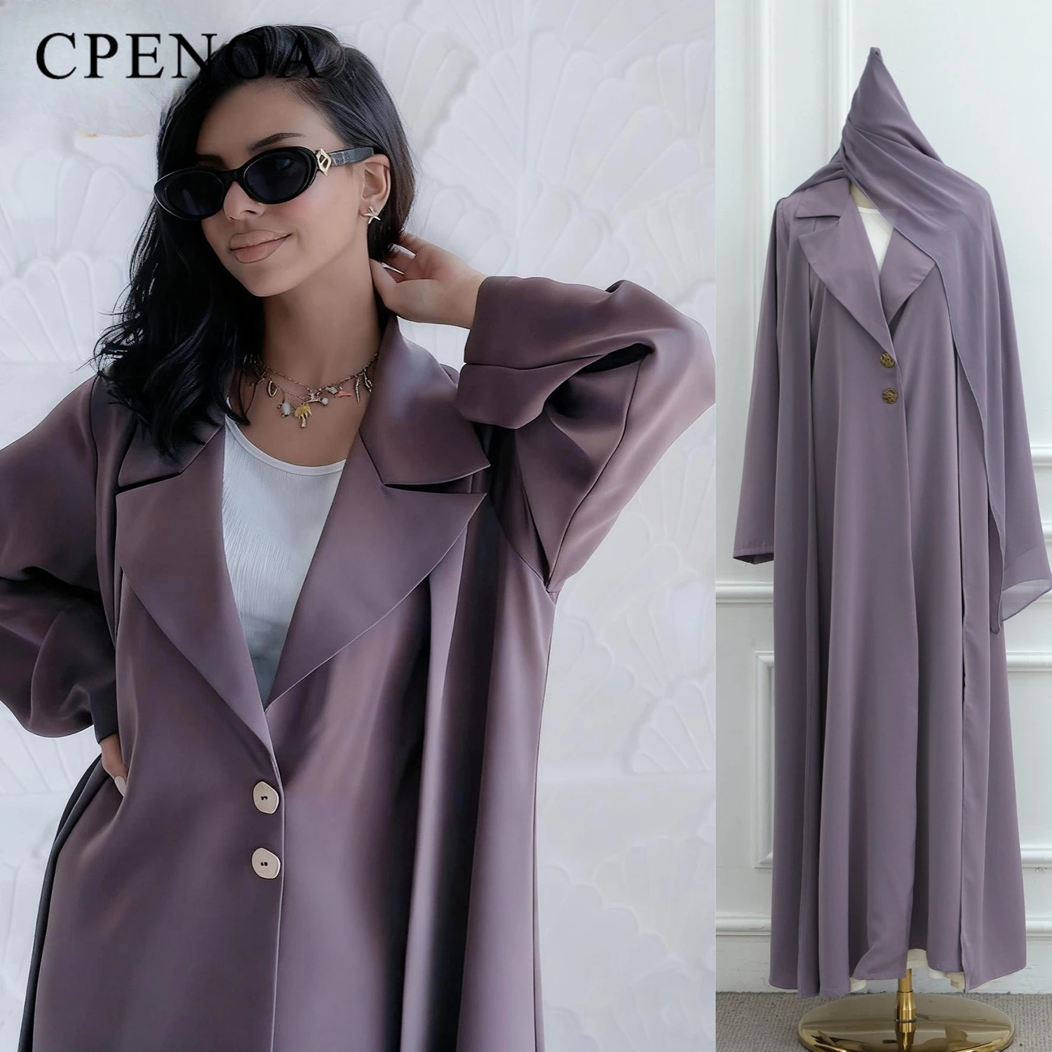 

Ramadan Muslim Modest Dress for Women Elegant Two-piece Dubai Blazer-collar Abaya with Hijab Eid Islamic Turkey Kaftan Robe