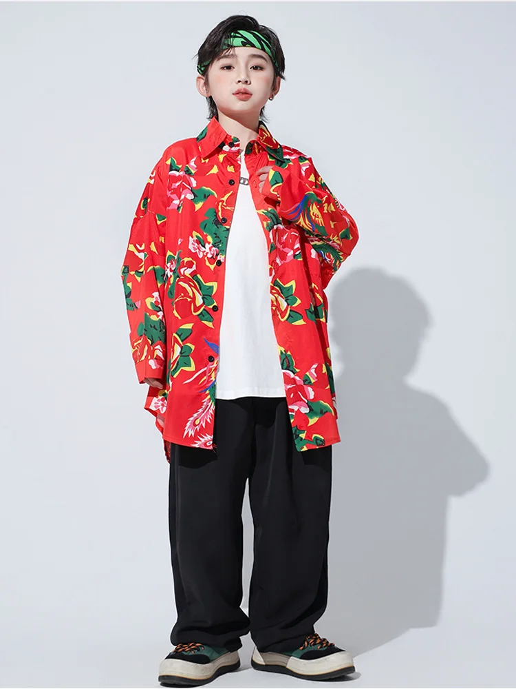 Girls Hip Hop Dance Costume Kids Jazz Street Dance Peony print Red Shirt Pants/Short for Festival Stage Boys Red Clothing