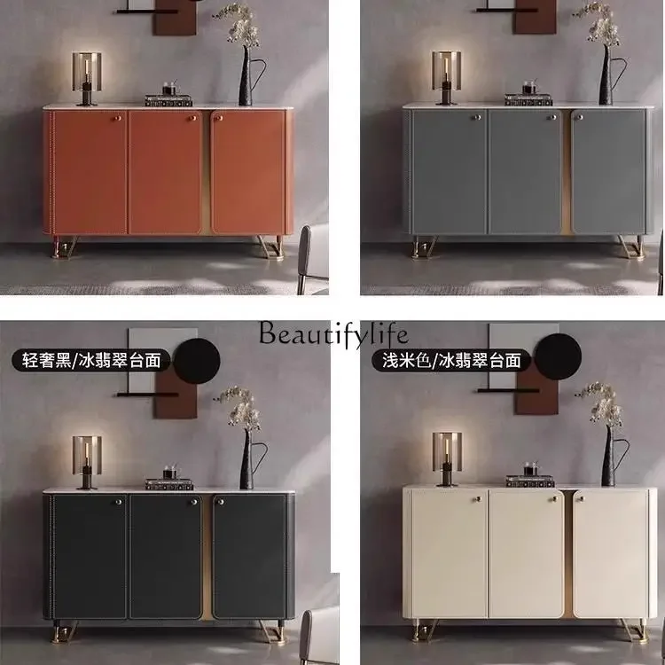 

yj19 Light luxury dining side cabinet Modern simple rock slab saddle leather locker Living room integrated against the wall