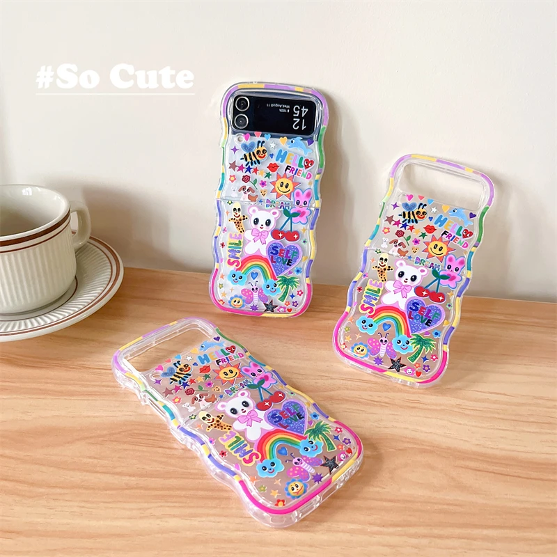 Korean Cute Colorful Bee Phone Case For Samsung Galaxy Z Flip 5 4 3 Z Flip3 Flip5 Flip4 5G Soft Cover with Lovely Chain Pendant