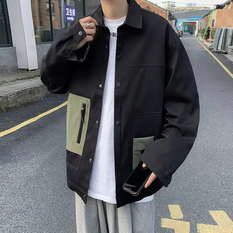 Men Jackets Casual Baggy Streetwear Autumn Patchwork Daily Zipper Pocket American Style Teenagers All-match Handsome Fashion