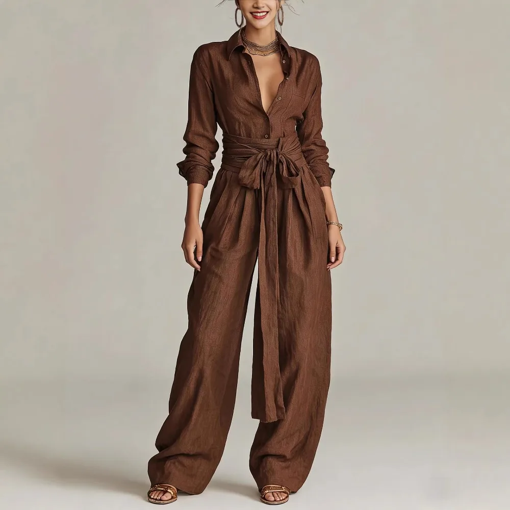 Casual Long Sleeve Solid Women's Outfits Fashion Lace-Up Waist Pocket Loose 2Pc Suit Elegant Lapel Button Shirt & Long Pant Set