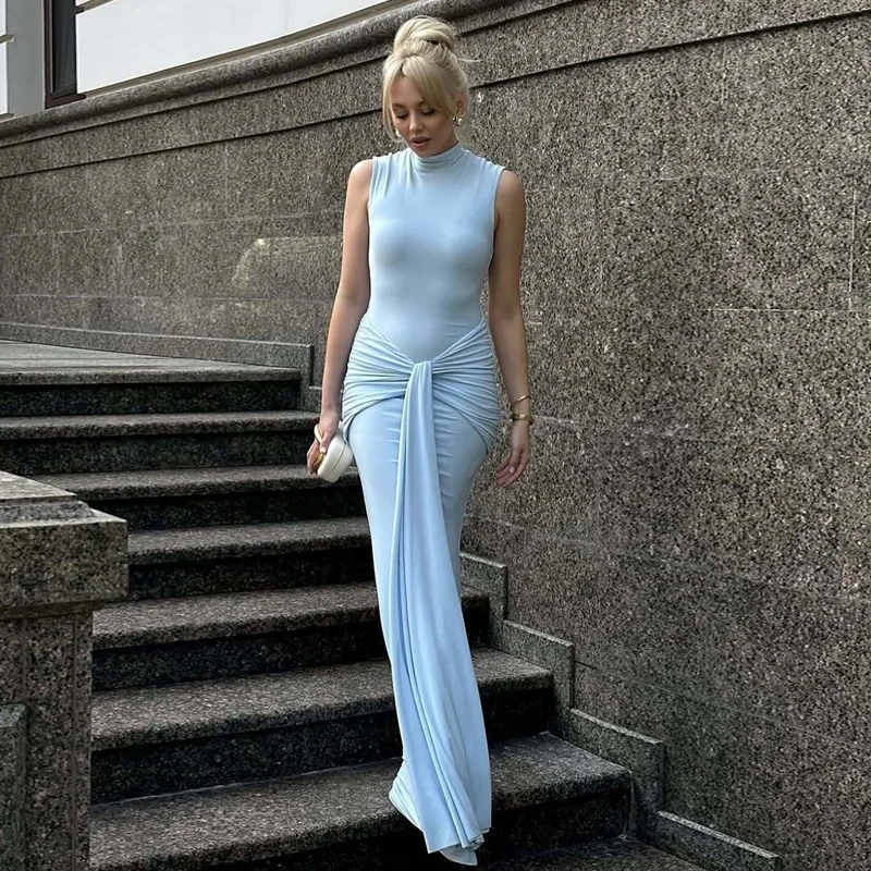 

Ticketsx Summer Stand Collar Ruched Sleeveless Slim Dress Fashion Patchwork Lace Up Maxi Dress Solid Lady Party Evening Dress
