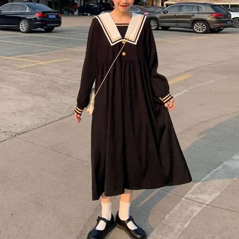 Japan Preppy Style Long Dress Female Clothing Sailor Collar Spring Autumn Contrasting Colors Stylish Patchwork A-Line Dresses