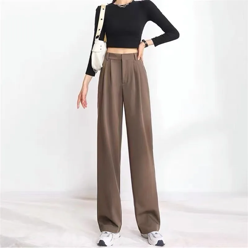 Brown Wide-Leg Pants for Women Spring Autumn Classic All-Matching Straight Casual Pants High Waist Loose Suit Pleated Trousers