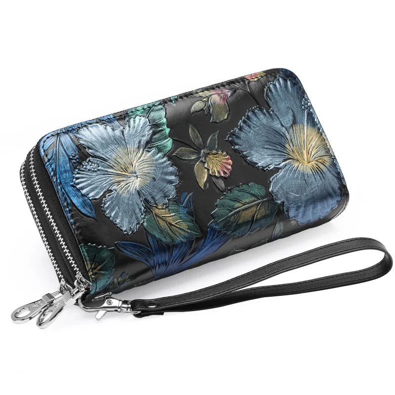 

Western Double Zipper Large Capacity Rfid Leather Women Wallet Fashion Many Card Position Rose Embossed Purse for Ladies