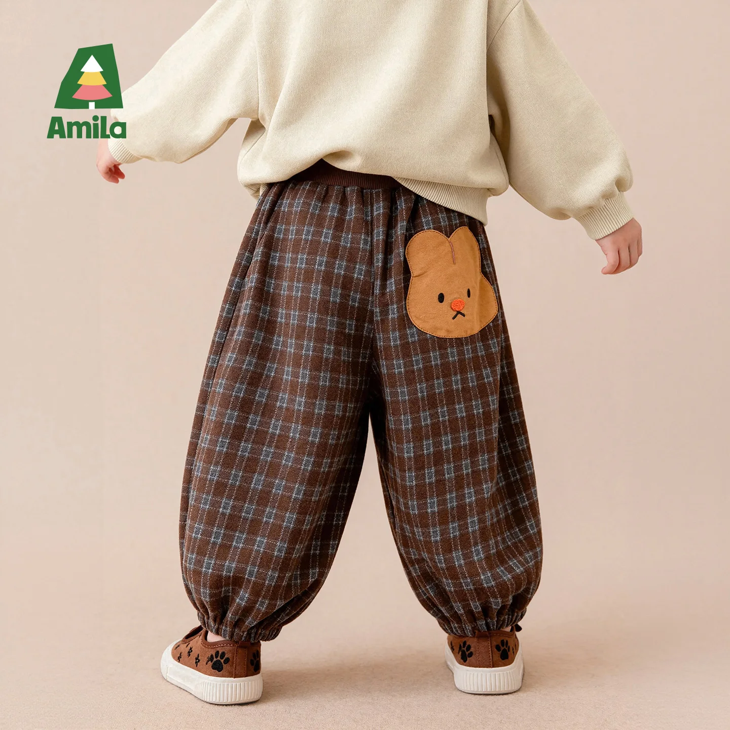 Amila 2026 Autumn New Kids Casual Pants Vintage Plaid Woolen Look Rabbit Applique Lantern Pants Fashion Comfortable Daily Long P