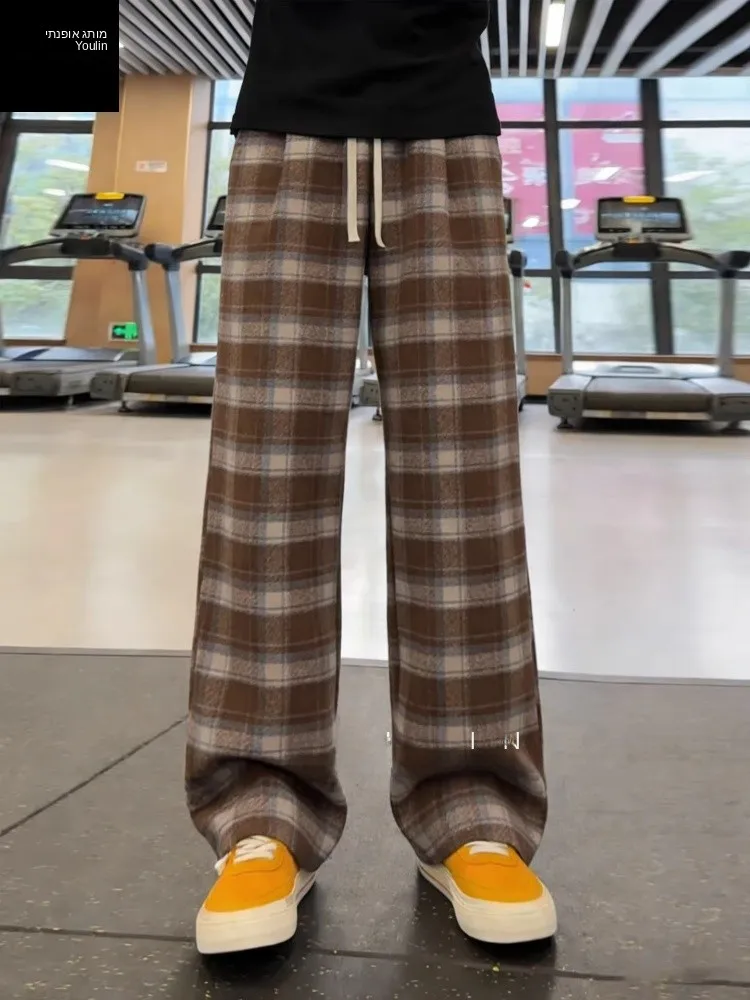 Brown Plaid Thickened Winter Trousers Men's Lazy Style Wide Leg Woolen Pants Straight Loose Casual Sweatpants