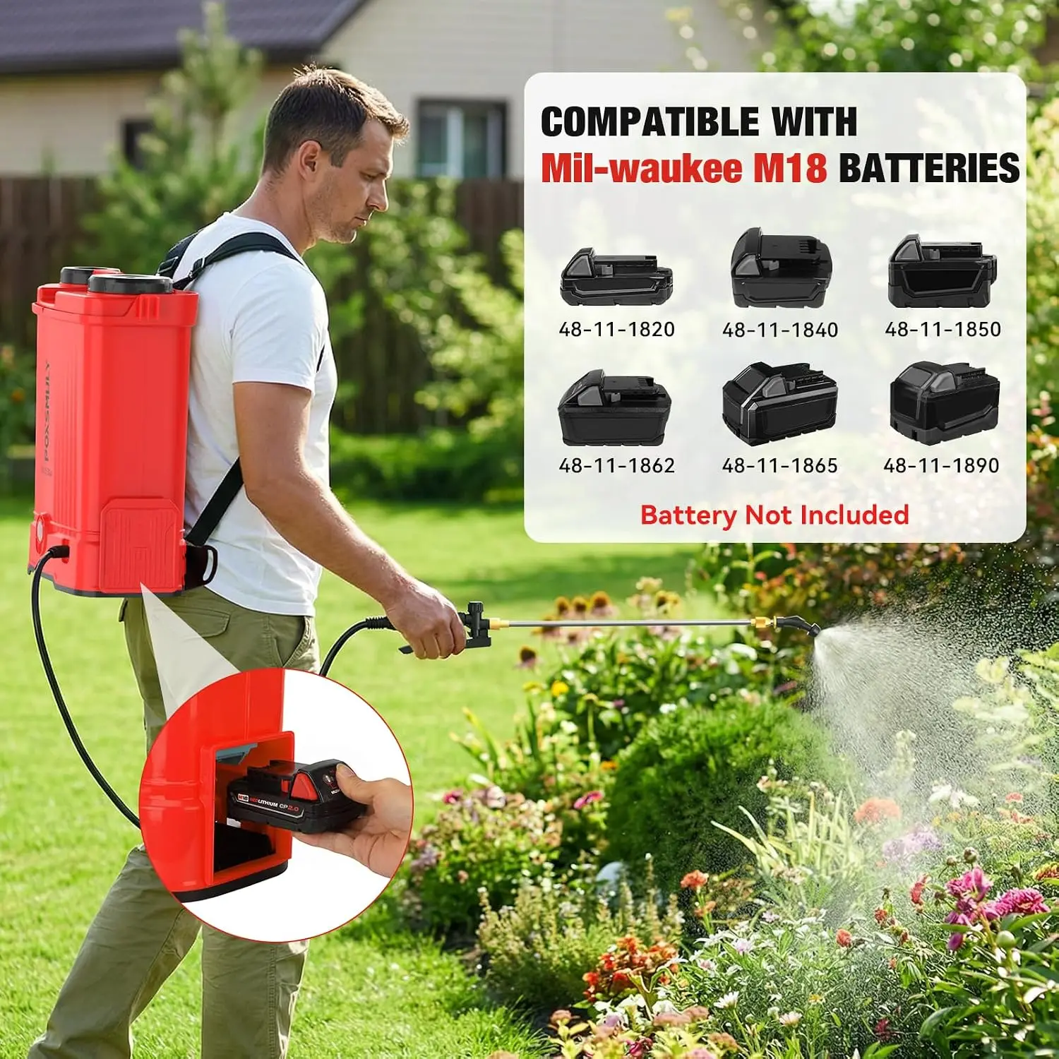 Cordless Backpack Sprayer 18V 53 Gallon 100 PSI Electric Weed Yard Garden Tool Telescopic Wand 7 Nozzles Battery Powered Not Inc