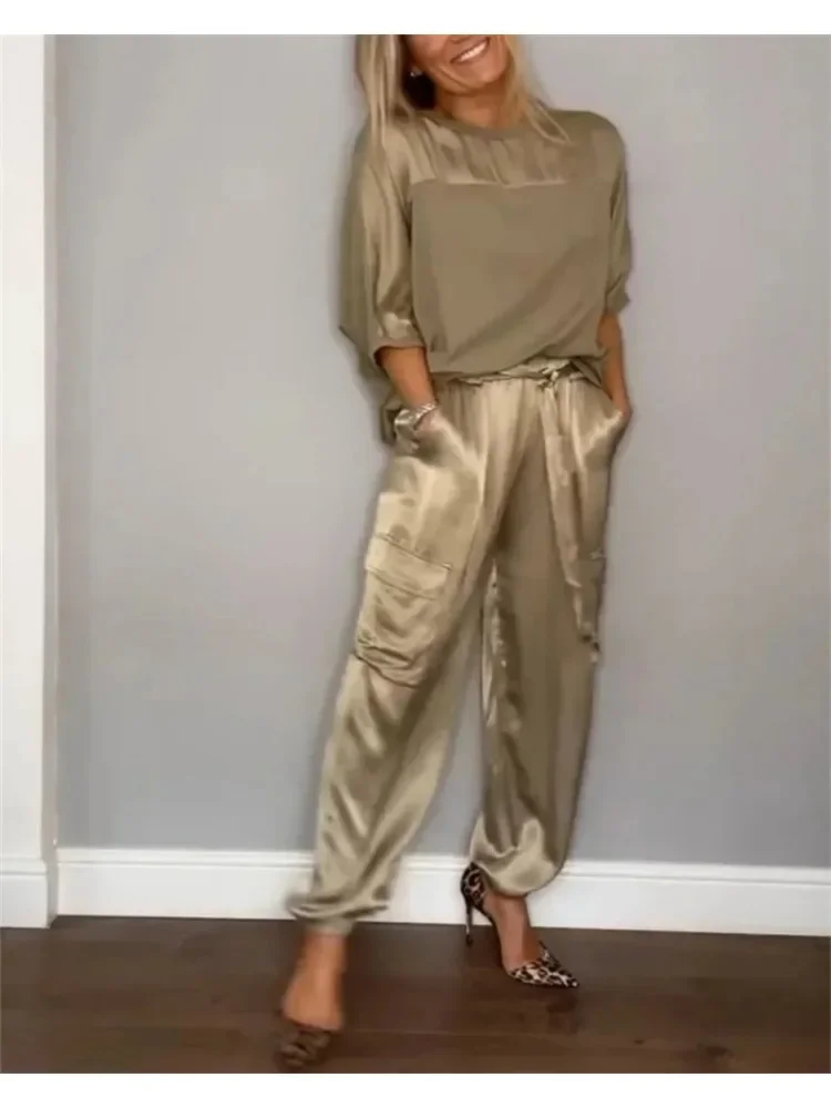 Women Spring Summer Fashion Solid Color Satin Two Piece Set Round Neck Long sleeved Top Long Pants Casual Loose Two Piece Set