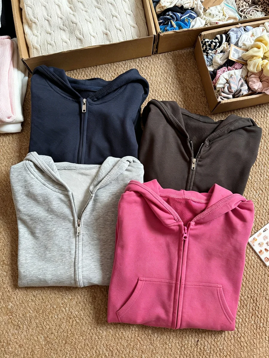 Solid Slim Zip-up Hoodie Women Autumn New Long Sleeve Zipeer Hooded Sweatshirts Female Vintage Streetwear Sports Hoodies Y2k