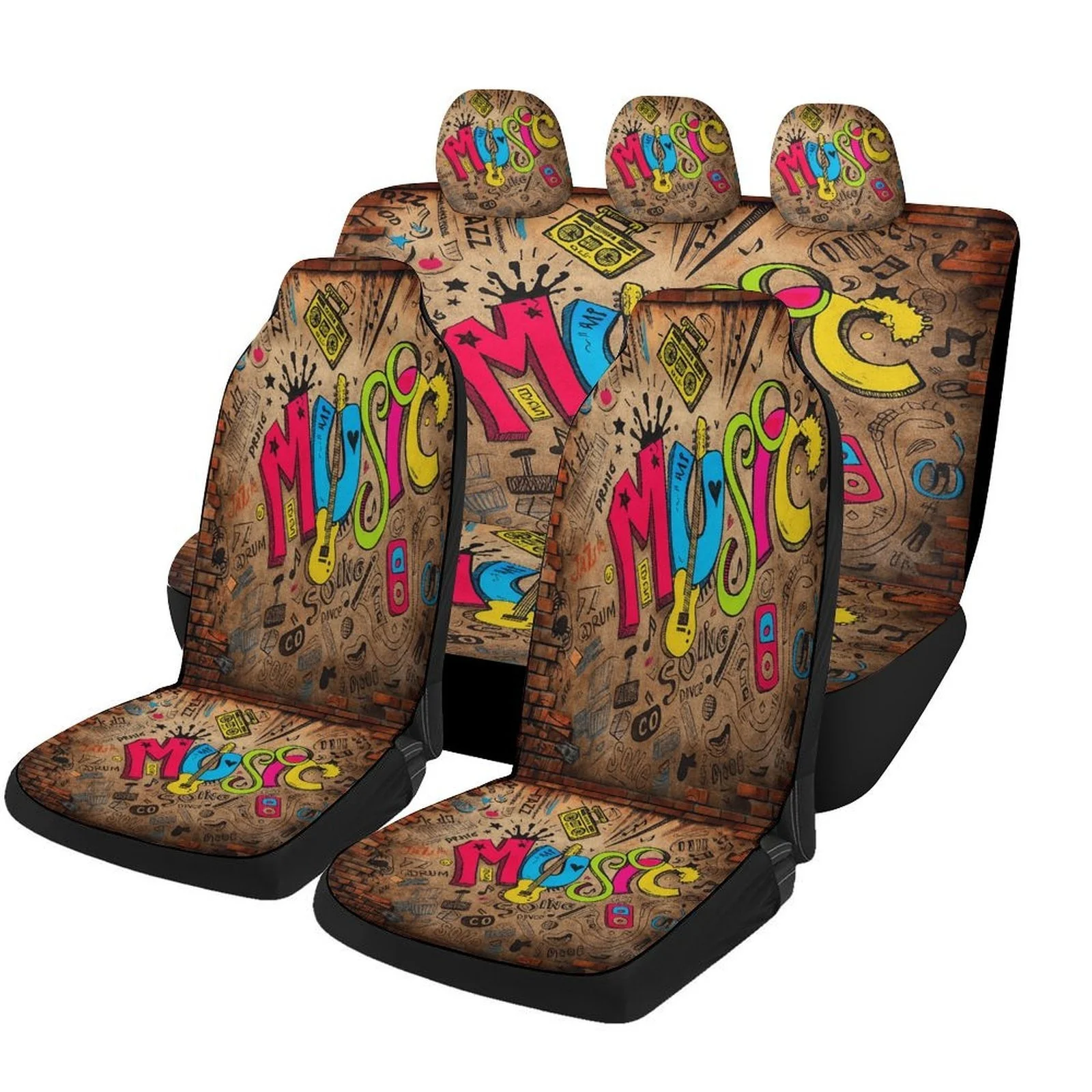 Set Of Car Seat Covers Featuring A Music Graffiti Wall Design, Suitable For Most Vehicles. These Trendy And Unique Decorative Co