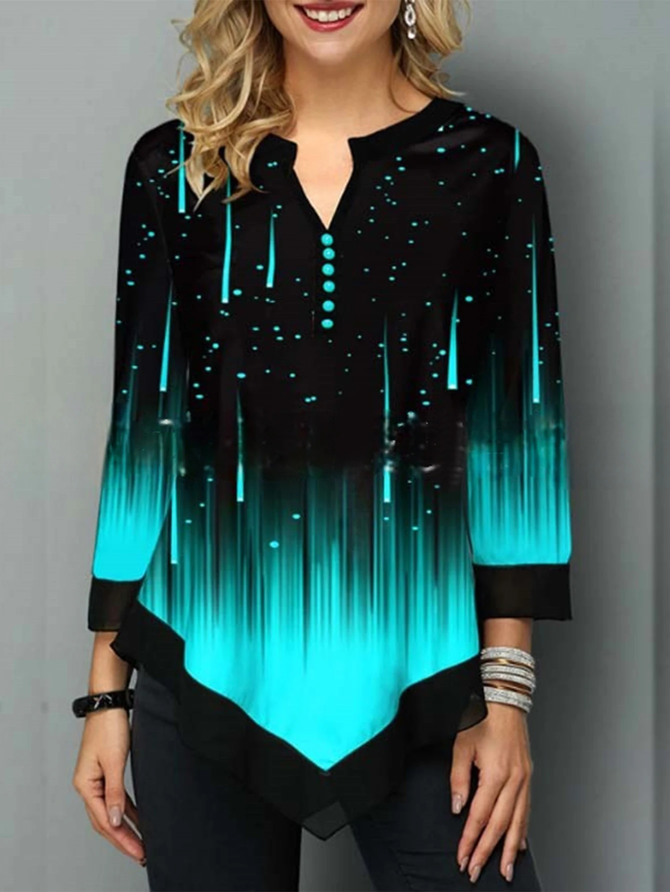 Dames herfst-T-shirts Chique gradiënt grafische print Lange mouw Half open kraag Knoop Basics Top voor vrijetijdskleding