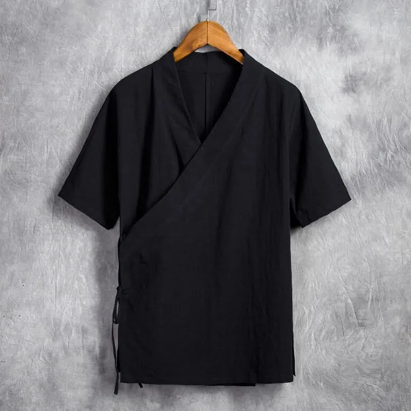 Plus Size M-6XL Pure Color Tops 2025 New Summer Men Cotton Linen Short Sleeve Shirts Hanfu Tops With Tie Clothing White/Black