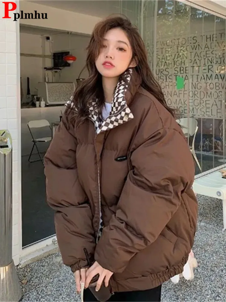 

Winter Warm Coffee Short Parcas Jacket Korean Lapel Snow Wear Bread Outwear Solid Baggy Cotton Padded Thicken Short Parkas New