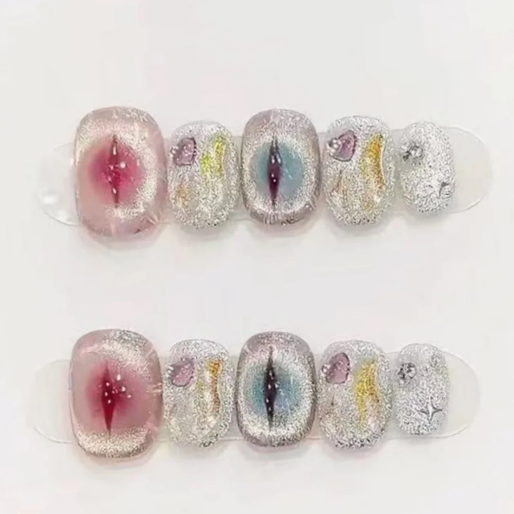 

10pcs Pink Cute Handmade Fake Nails Press on Eye Square Round Nails Tip for Women&Girl Acrylic Glitter Diamond Design False Nail