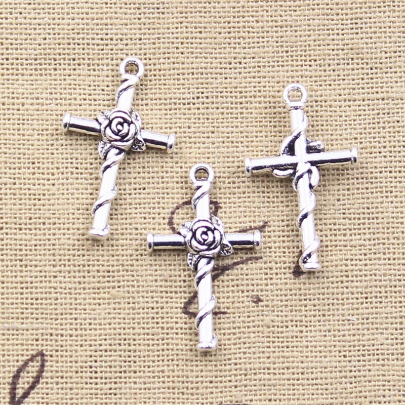 30pcs Charms Cross Rose Flower 26x15mm Antique Silver Color Pendants DIY Crafts Making Findings Handmade Tibetan Jewelry