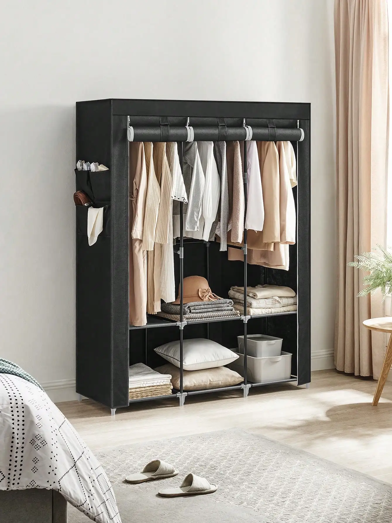 SONGMICS Portable Clothes Wardrobe:130x45x167cm,Cover,3 Hanging Rails,Shelves,4 Side Pockets,Large Capacity,Black,Bedroom