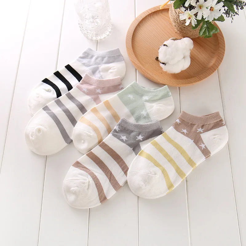 5 Pairs 1 Pack Women's Socks Stripe Star Print Simple Trendy Verstaile Invisible Ankle Socks Comfortable Cotton Socks Girl Gift