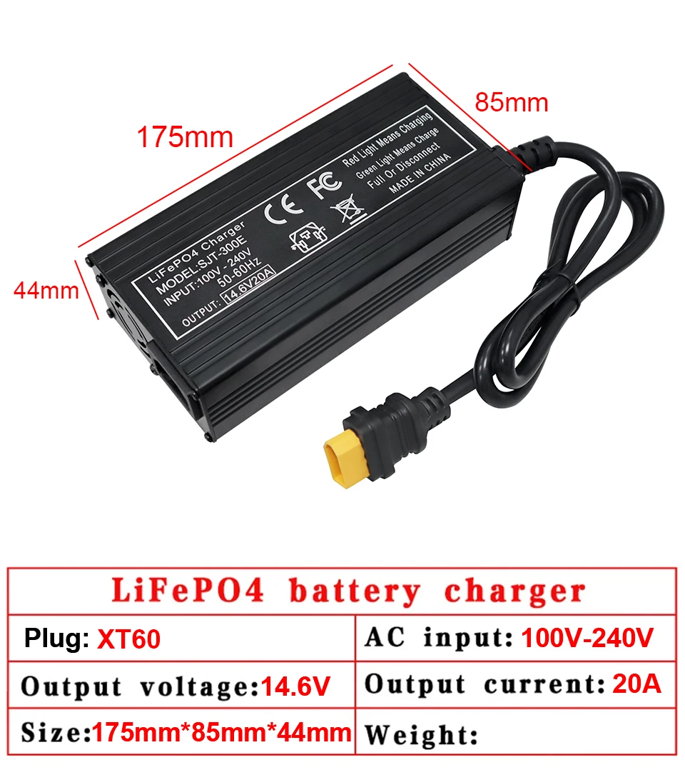 12V/14.6v 20A Lifepo4 Smart Charger 110-220V 4s High Power Charger for 12.8V Lifepo4 Battery Pack with Fan Aluminum Case