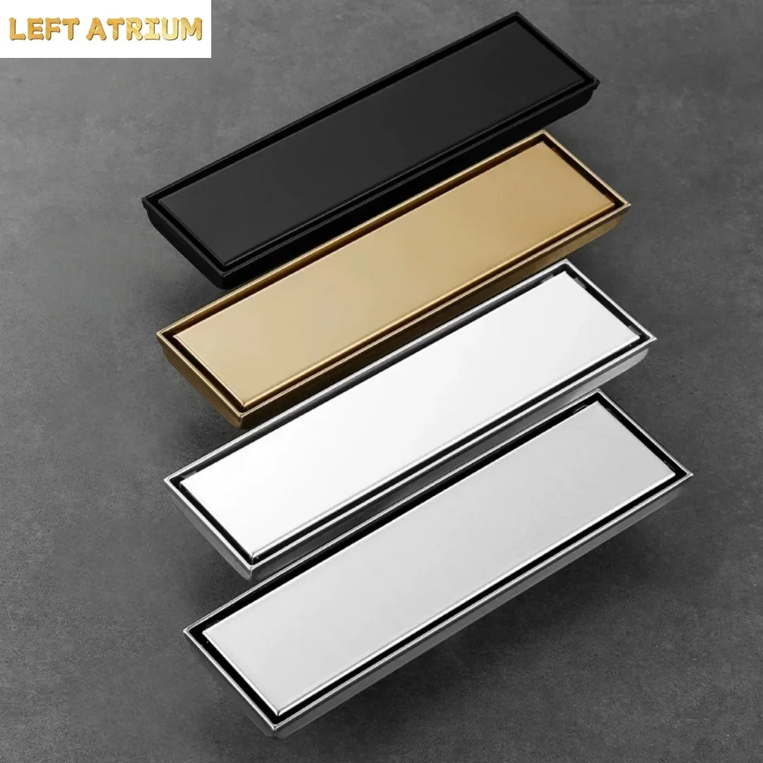 Brushed Gold Concealed Floor Drain 20cm-60cm Nickel SUS304 Shower Floor Drain Black Bathroom Deodorant Floor Drain Strainer