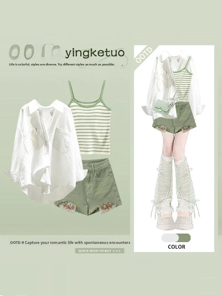 Summer Casual Style Women's  Shirt Striped Shorts Set Three-Piece Suite  Design Sense Casual Wear for Adults