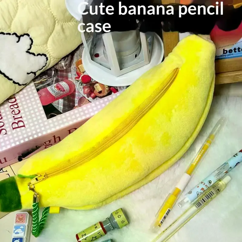 Cute Cartoon Banana Plush Pen Case Kawaii Simulated Fruit Stationery Bag Stationery Supplies Multi-functional Storage Bag