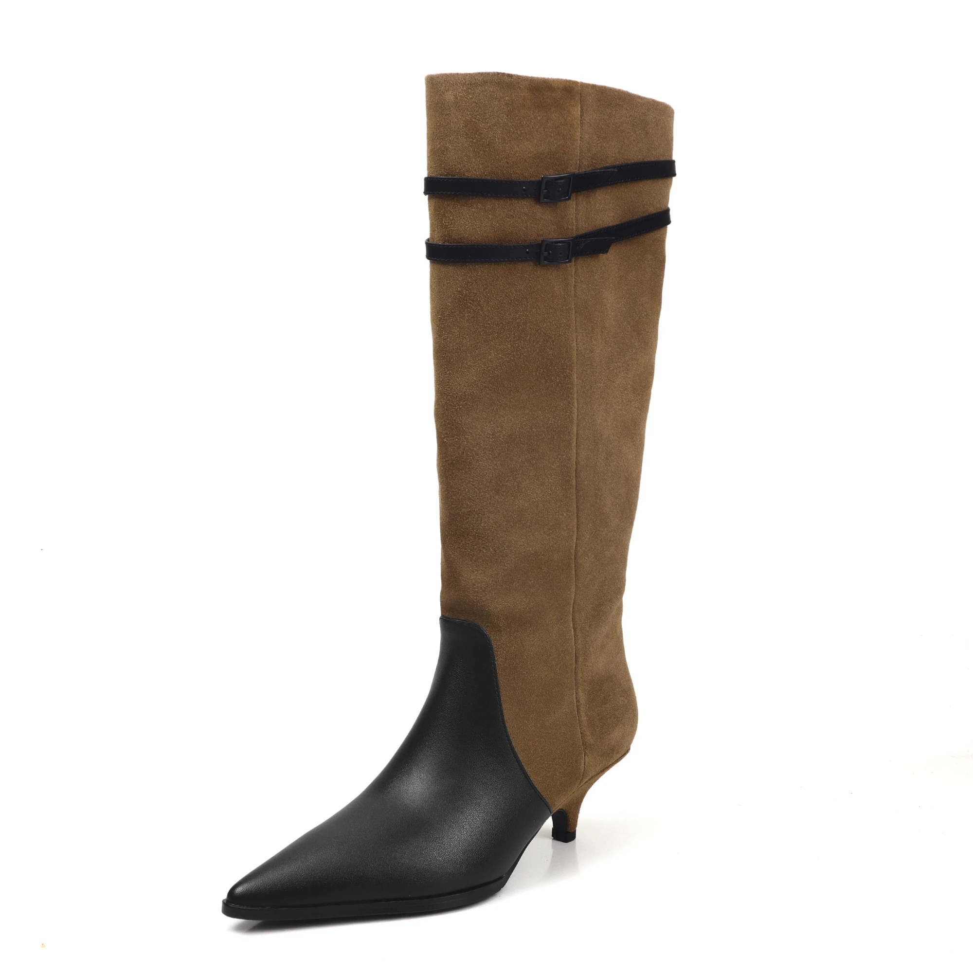 Fashion Winter Women Knee High Boots Pointed Toe Woman Cow Suede Leather Shoes Low Kitten Heels News Long Boots Dress Size 34-40