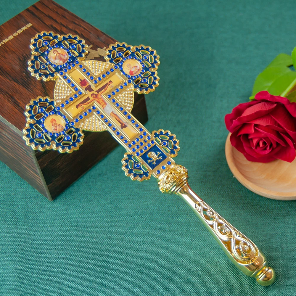 Gold Plated Orthodox Hand Blessing Cross with Blue Enamel Icons for Church Liturgy Home Altar Prayer Devotion Christian Gift Dec