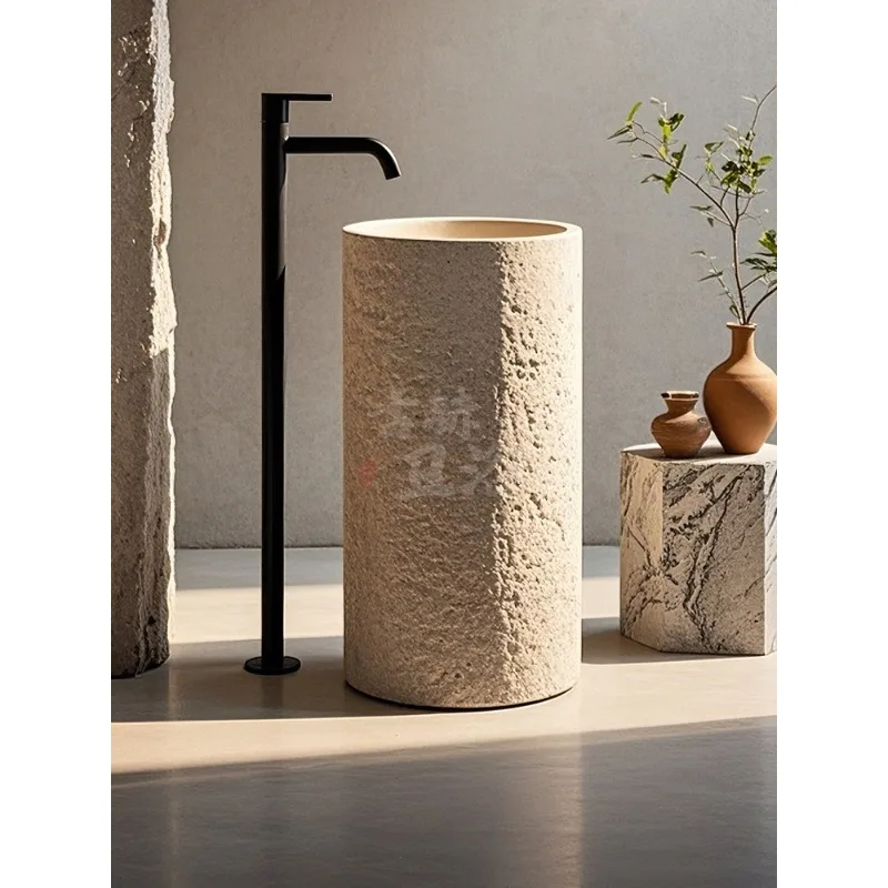 Wabi Sansan Beige Roman Travertine Marble Artificial Floor-to-Floor Washbasin