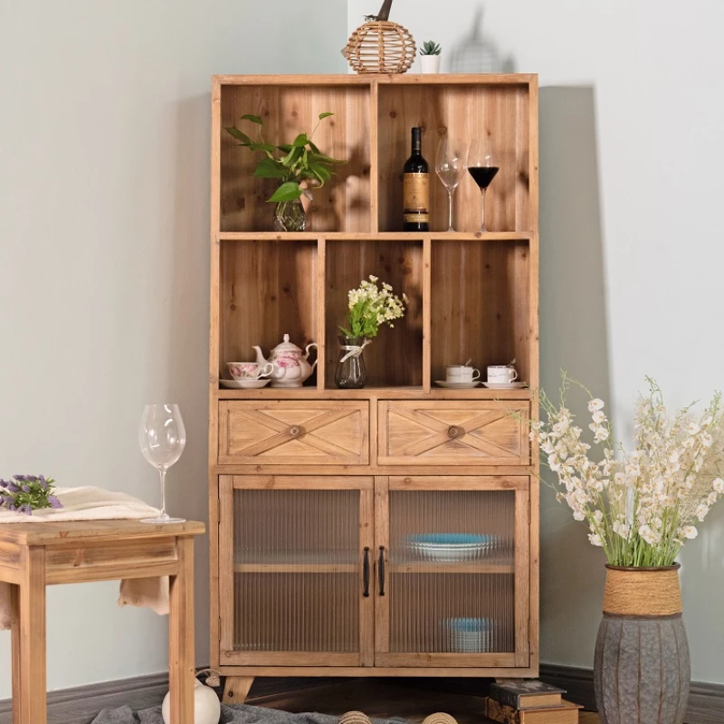 

Retro side cabinet solid wood against the wall wine cabinet glass locker cupboard locker household kitchen cabinet