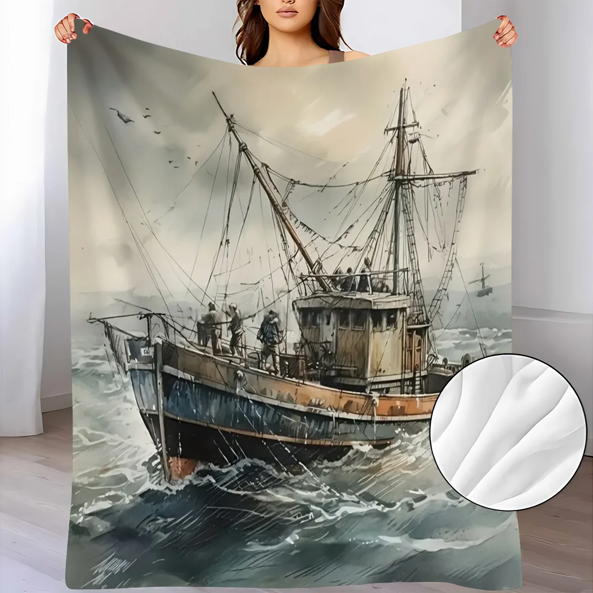 1pc 5D Flannel Small Throw Blanket with Seascape Fishing Boat Pattern, Soft and Warm, Suitable as a Sofa Blanket, Home Leisure B