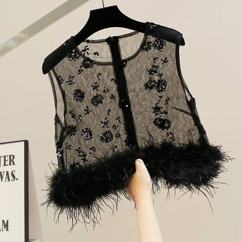 

Faionable Korean Sle Heavy Embellied Feather Spliced Sequin Patchwork See-tough Svel Vest Women's Design Sensation