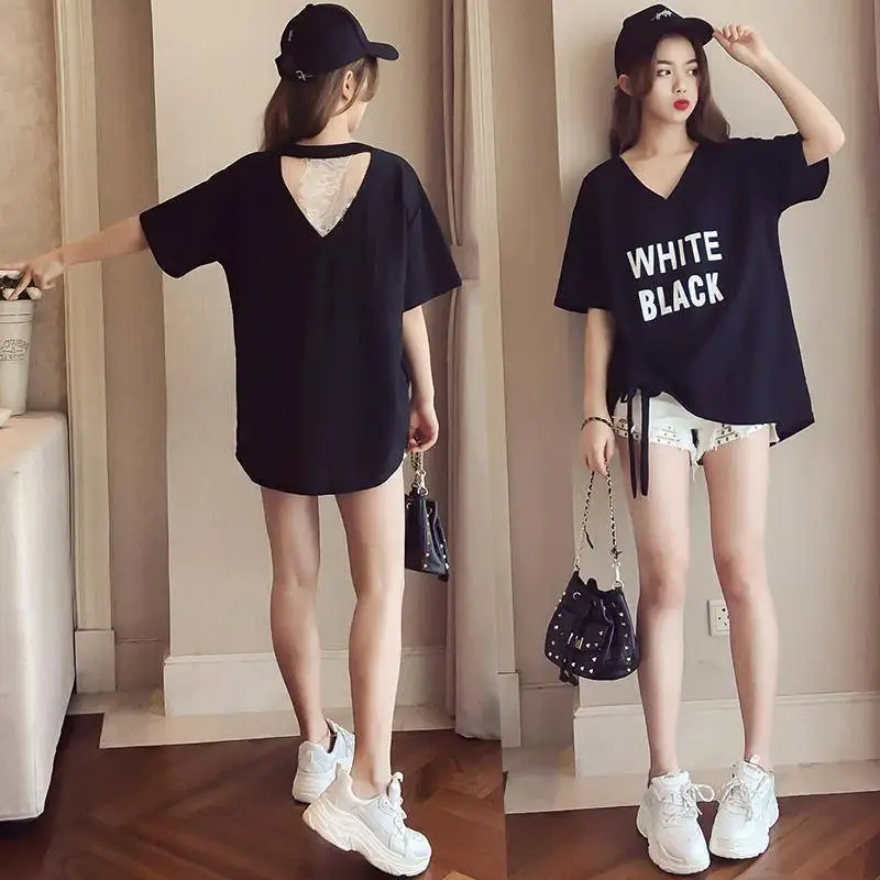 Casual Graphic Pulovers Korean Short Sleeve T Shirt Summer Backless Loose Tops Fashion Clothes Aesthetic V-Neck Women\'s T-shirt