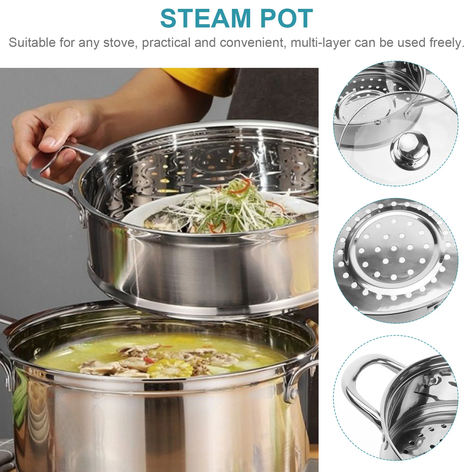 

Stainless Steel Steam Pot Double-layered Stockpot Kitchen Tools Steamer Steaming Cookware