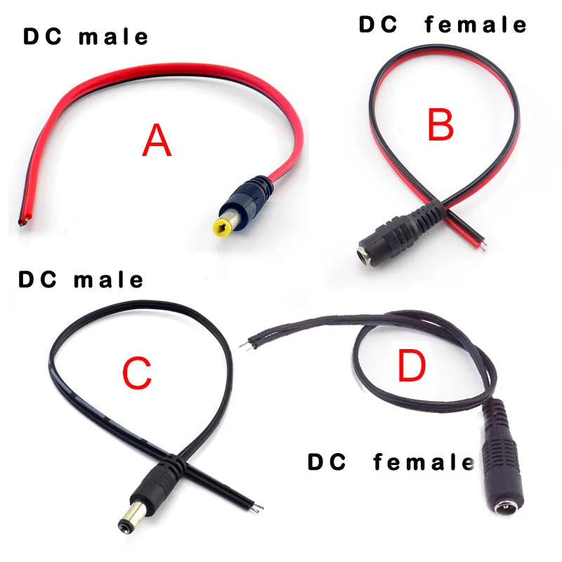 Masculino e feminino DC Power Cable, 12V Plug, DC Wire Adapter, Plug Connector para câmera CCTV, LED Strip Light, 5.5x2.1mm, W28