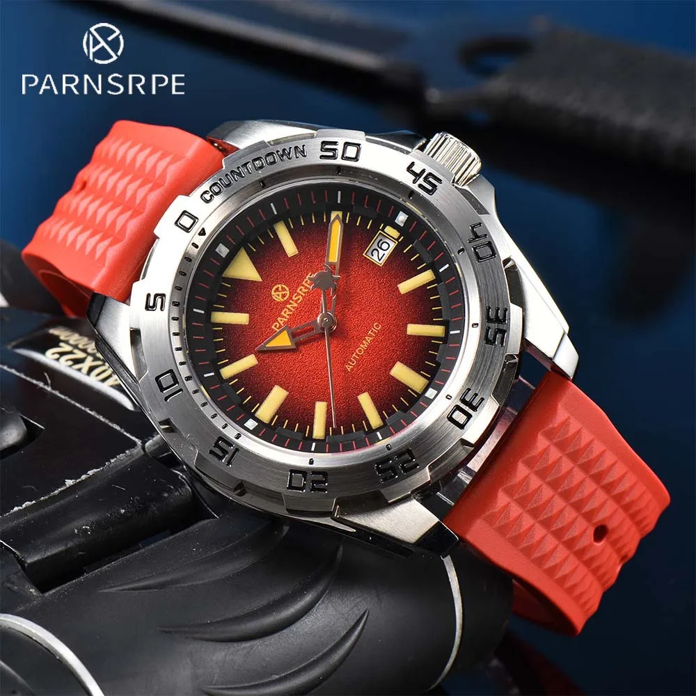 PARNSRPE Japan Automatic Mechanical NH35 Movement Watch Sapphire Glass Red Silicone Strap Fashionable Men\'s Watch