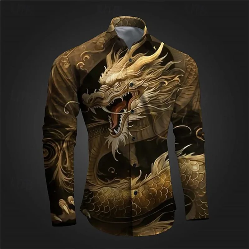 Men's Dragon Button Shirt Daily Wear Out Spring Lapel Printed Button Shirt Yellow Red Blue Purple Fast Shipping