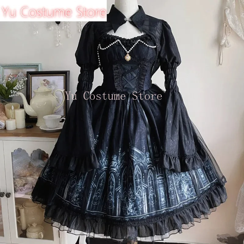 

Japanese Gothic Lolita Dress Women Victorian Dark Print Long Sleeve Mesh Shawl DressGirls Harajuku Y2K Punk Tea Party Yu Costume