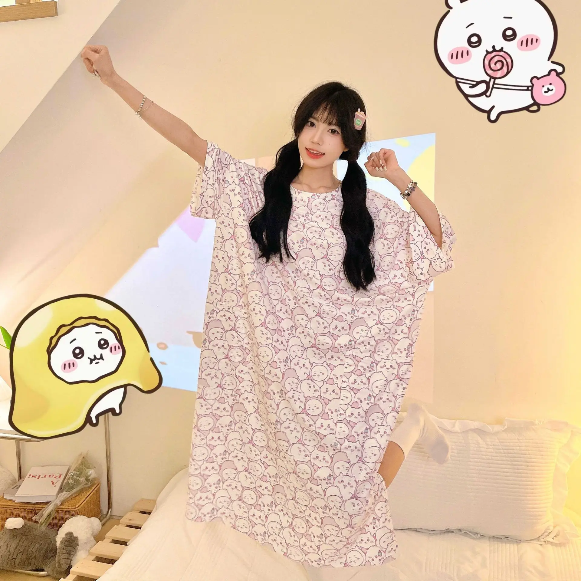 Chiikawa new modal Usaki nightgown Sanrio Kurome summer thin plus size medium long one-piece loose sleeping dress