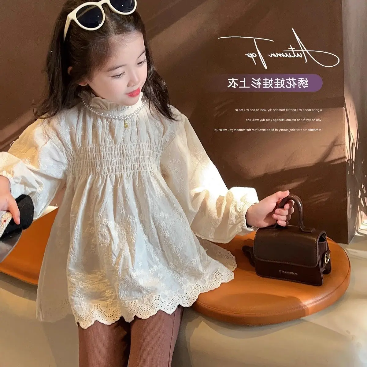 Girls shirt stand-up collar embroidered dark flower pleated top coat 2025 autumn clothes new children's clothing 3-8 years old
