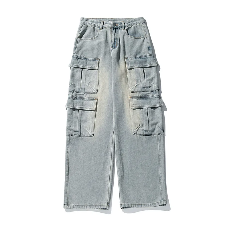Calça jeans masculina com vários bolsos, calça casual retrô estilo japonês lavada e desgastada, calças soltas