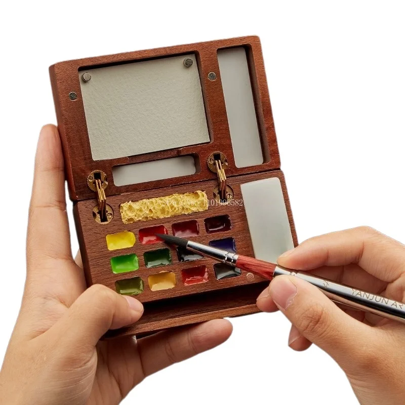 Travel Painting Box Solid Wood Paint Box Portable Art Palette Outdoor Student Sketching Professional 12Grid Color Palette Set