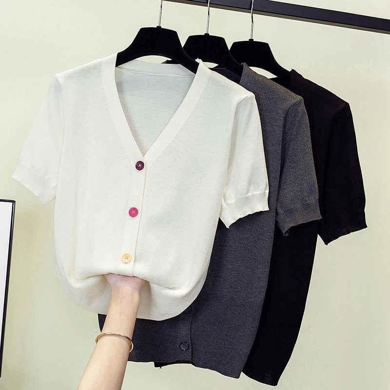 Oversized Knit Sweater Cardigan Coat Female V-Neck Spring Summer 2023 New Short-Sleeved Loose All-Match Fashion Korean Version