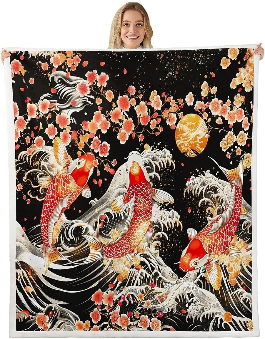 

Japanese Koi Fish Fuzzy Blanket Colorful Cherry Blossoms Fleece Blanket Throw Size for Kids Boys Girls Bedroom Decor, Japanese