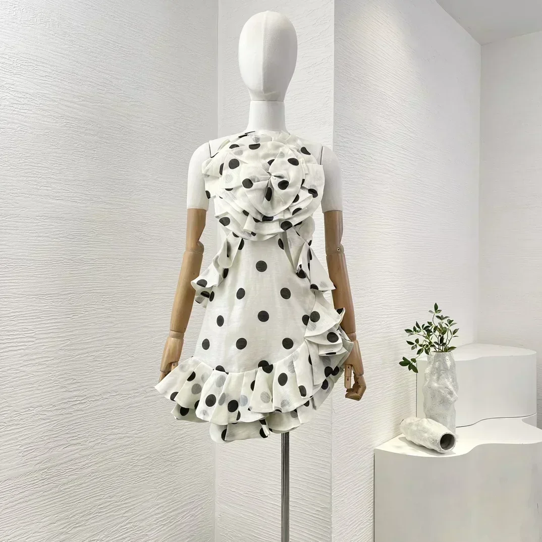 New High Quality Linen Silk Women's White Dot Print Sleeveless Backless Flowers Appliqued Irregular Hem Ruffles Mini Dress