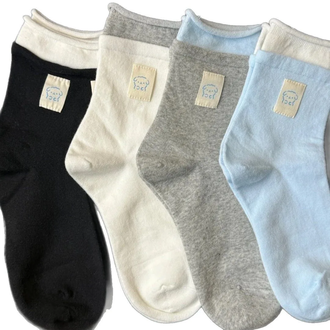 4 пары серо-синих двойных ребристых носков с манжетами для женщин, однотонные носки до середины икры с милой этикеткой медведя