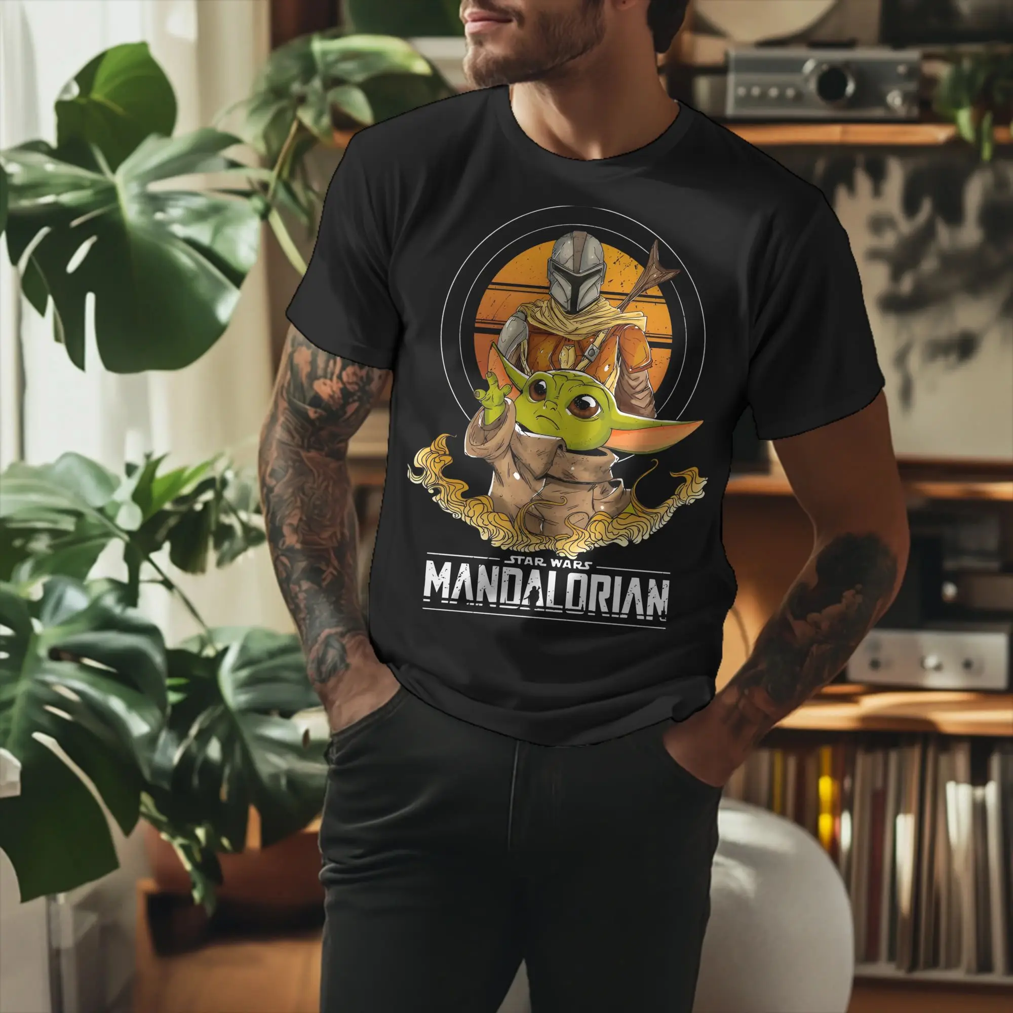 Camiseta de algodón con estampado de The Mandalorian y Baby Yoda Grogu para hombre y mujer, camiseta divertida de manga corta con cuello redondo