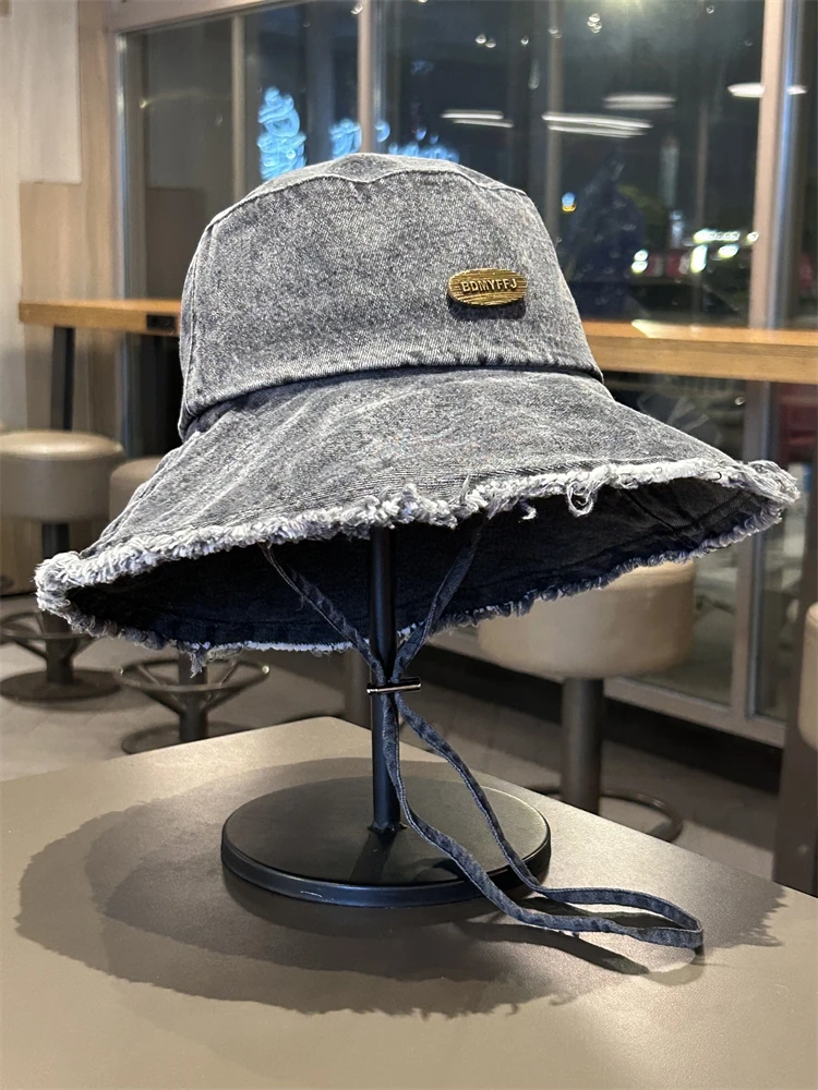Vintage Gewaschen Denim Tuch Eimer Hüte Für Frauen Frühling Herbst Breite Krempe Casual Eimer Kappe Faltbare Retro Quaste Krempe Neue