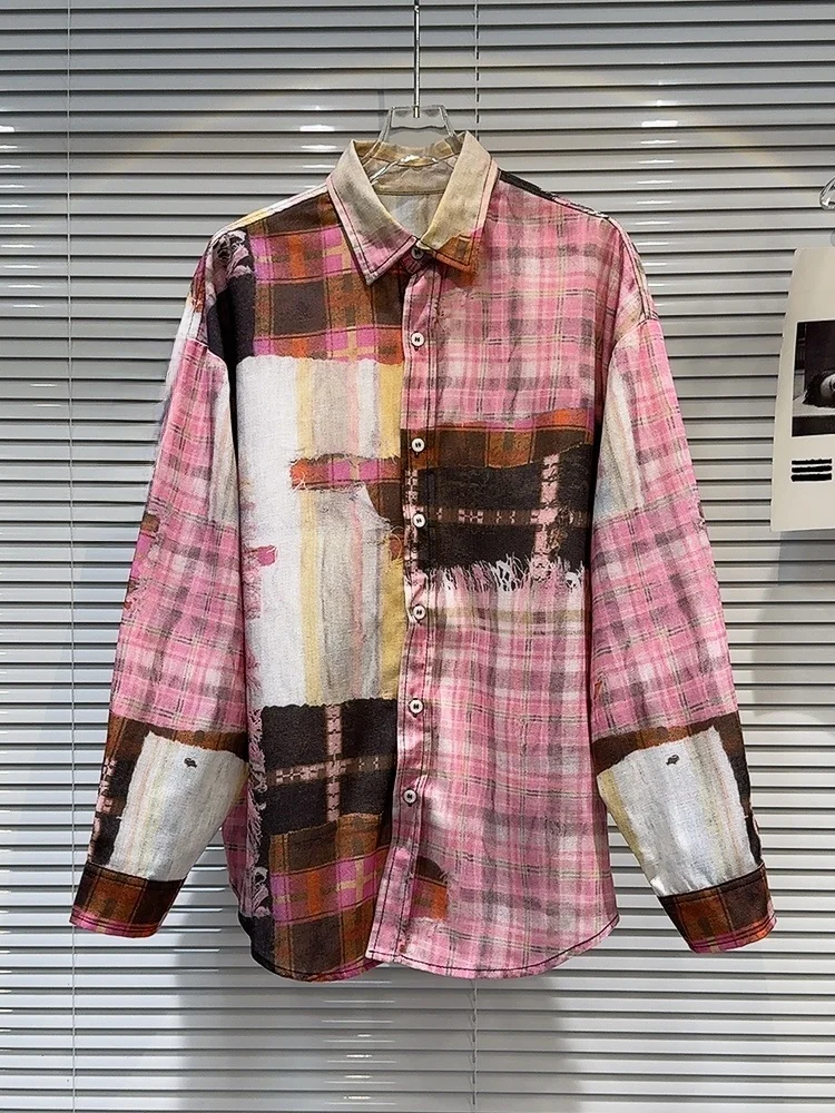 

Loose American Sle Hot Girl Hand Dn fiti Plaid Pattern Street Trend Long Sve irt Casual Faion Women's Top